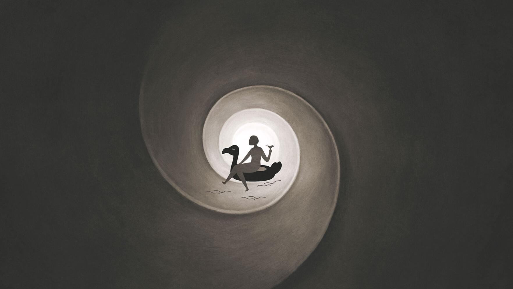 A illustration of a woman drinking a drink, sitting on a float in the middle of a tunnel